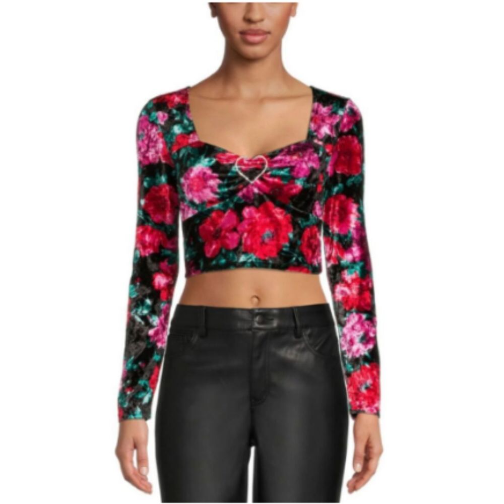 Madden NYC Junior's Velvet Cropped Top Floral Rhinestone Heart Detail Size Large